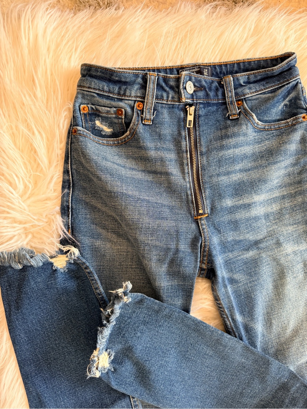 Women’s Distressed High-Rise Blue Jeans with Zip Design